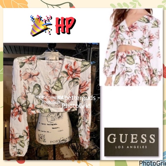New Guess Long Sleeve Karlotta Blushing Azalea Floral Print Faux Wrap CropTop XS - Picture 1 of 16